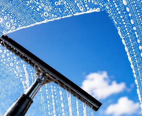 Squeegee cleaning a soapy window with blue sky